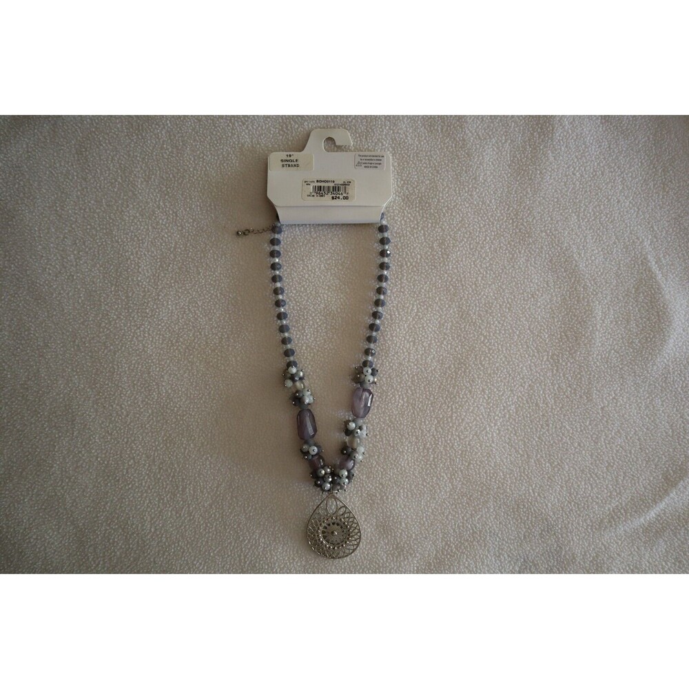Necklace Gray Purple Faceted Beads Cluster Silver Tone Filigree Pendant 19" Boho - Picture 7 of 10